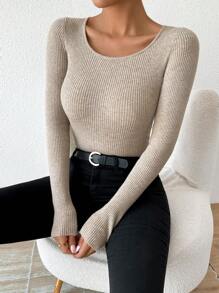 Chiquease Suéter de cuello redondo acanalado, elástico y ajustado para mujer, jersey de punto de otoño e invierno - Albaricoque - Ver 3