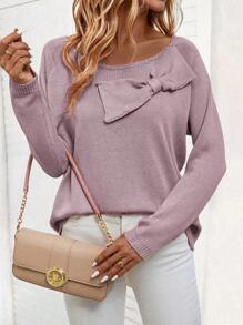 SHEIN LUNE Women's Round Neck Long Sleeve Bow Decor Knit Sweater, Knit Pullover Fall Winter - Baby Pink - View 5