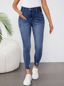 SHEIN Maternity Blue Elastic Skinny Jeans Mom Jeans - Dark Wash - View 6