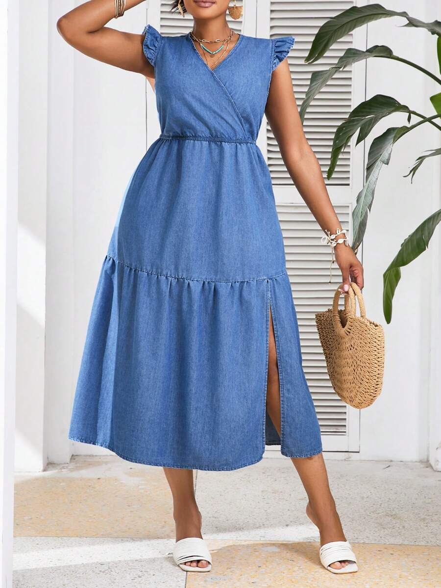 SHEIN VCAY Plus Size Blue Denim Dress Ruffle Wrap Long Dress Casual Vacation Teacher Dress Back To School Fall Women Outfits Fall Dresses Office Wear - Medium Wash - View 1