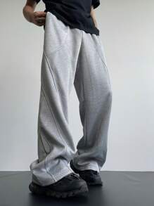 Manfinity EMRG 男士纯色休闲日常拼接长裤，返校、外出长款宽松浅灰色抽绳运动裤，适合丈夫、男朋友的礼物 - 淺灰色 - 查看 4