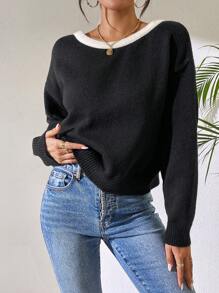 Chiquease Suéter holgado de punto suelto con detalle de lazo en cuello redondo para mujer, otoño/invierno