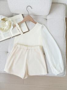 SHEIN Tween Girl 纯色不对称不对称领口长袖上衣和短裤优雅两件套 - 米色 - 查看 2
