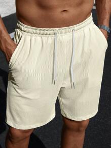 Manfinity Homme Men Solid Color Jacquard Knit Elastic Waist Shorts - Beige - View 7