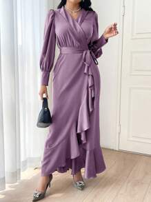 Modelyn Women's Solid Color Elegant Ruffled Hem Long Sleeve Dress Long Evening Dresses