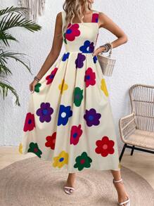 SHEIN Clasi Đầm Maxi Không Tay Cổ Vuông In Hoa Cho Nữ Trang Phục Nữ - Màu be - Xem 1