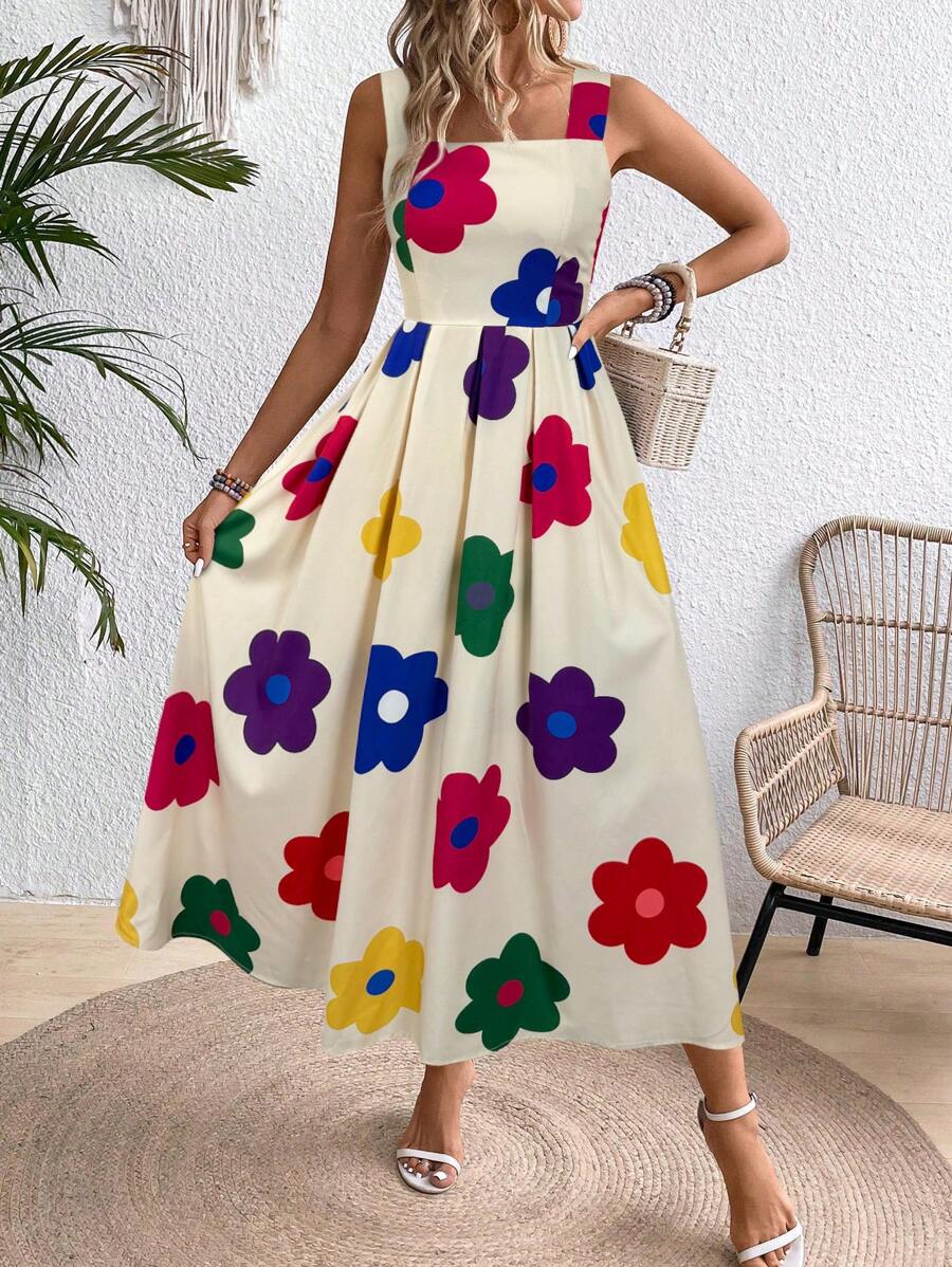 SHEIN Clasi Đầm Maxi Không Tay Cổ Vuông In Hoa Cho Nữ Trang Phục Nữ - Màu be - Xem 1