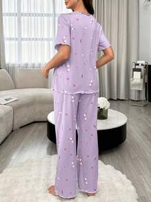 孕妇花卉哺乳短袖上衣和裤子睡衣套装