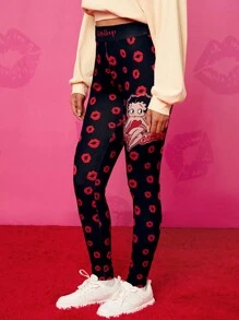 Betty Boop x SHEIN 女士休闲卡通人物及唇印高腰紧身裤