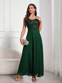 SHEIN Belle Váy phù dâu dài đính sequin lộng lẫy và thanh lịch cho phụ nữ dự tiệc Giáng sinh - Màu xanh lá cây đậm - Xem 3