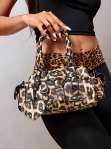 SHEIN X Lucía Bellido SHEIN ICON Women's Fashion New Sweet & Cool Y2K Heart Decor Vintage Motorcycle Tote Bag, Suitable For Girls, Street, Y2k, Retro Style, Top Handle, Shoulder Bag, Leopard Print, Animal Print, Heart, Biker Style, Bag For School, Teenagers