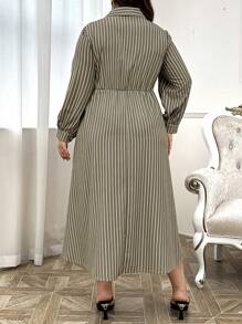 Modelyn Plus Size Button-Up Long Sleeve Striped Floral Elegant Dress, Maxi Dresses For Casual Daily/Holiday/Wedding Party/Evening