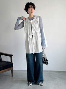 FRIFUL Women Summer Solid Color Front Tie Pleated Sleeveless Loose Shirt - White - View 8