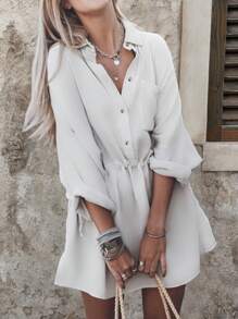 SHEIN LUNE Elastic Waist Pleated Shirt Dress - White - View 1