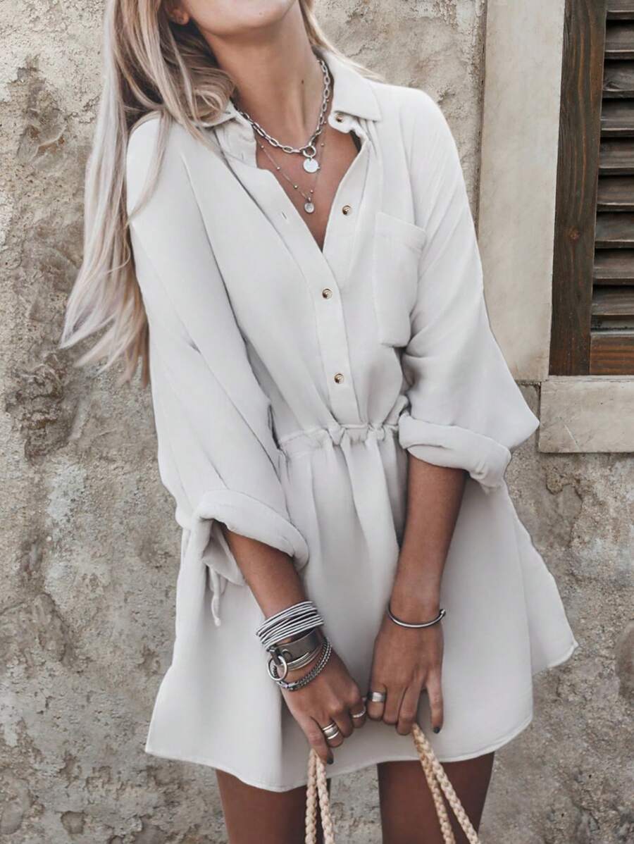 SHEIN LUNE Elastic Waist Pleated Shirt Dress - White - View 1