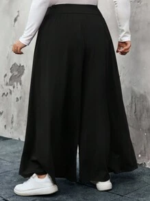 SHEIN CURVE+ 大码女式高腰针织休闲宽松阔腿裤 - 黑色 - 查看 7