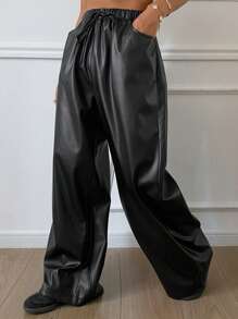 DAZY Pantalones rectos holgados de unicolor de PU con cordón en la cintura y bolsillos para mujeres - Negro - Ver 4