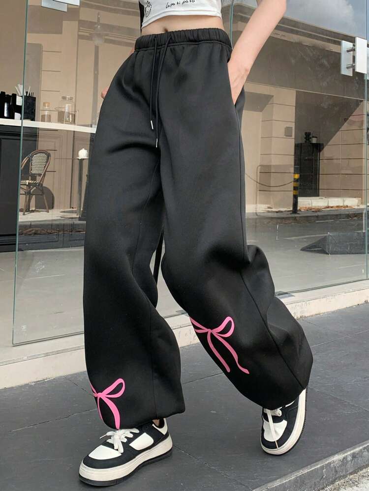 Women Drawstring Waist Butterfly Print Flower Hem Loose Casual Trousers