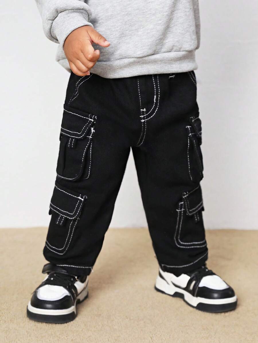 SHEIN Baby Boy Cool Multiple Pockets And Contrast Stitching Denim Black Jeans,Versatile For Outdoor Wear - Black - View 1