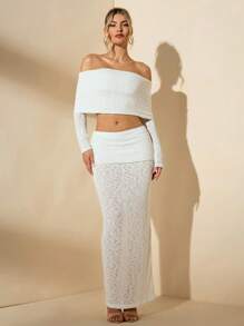 SHEIN BAE 2 pièces Ensemble top court et jupe d'épaules dénudées élégant unicolore d'été pour femmes