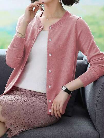 EMERY ROSE 宽松纽扣装饰圆领纯色开衫