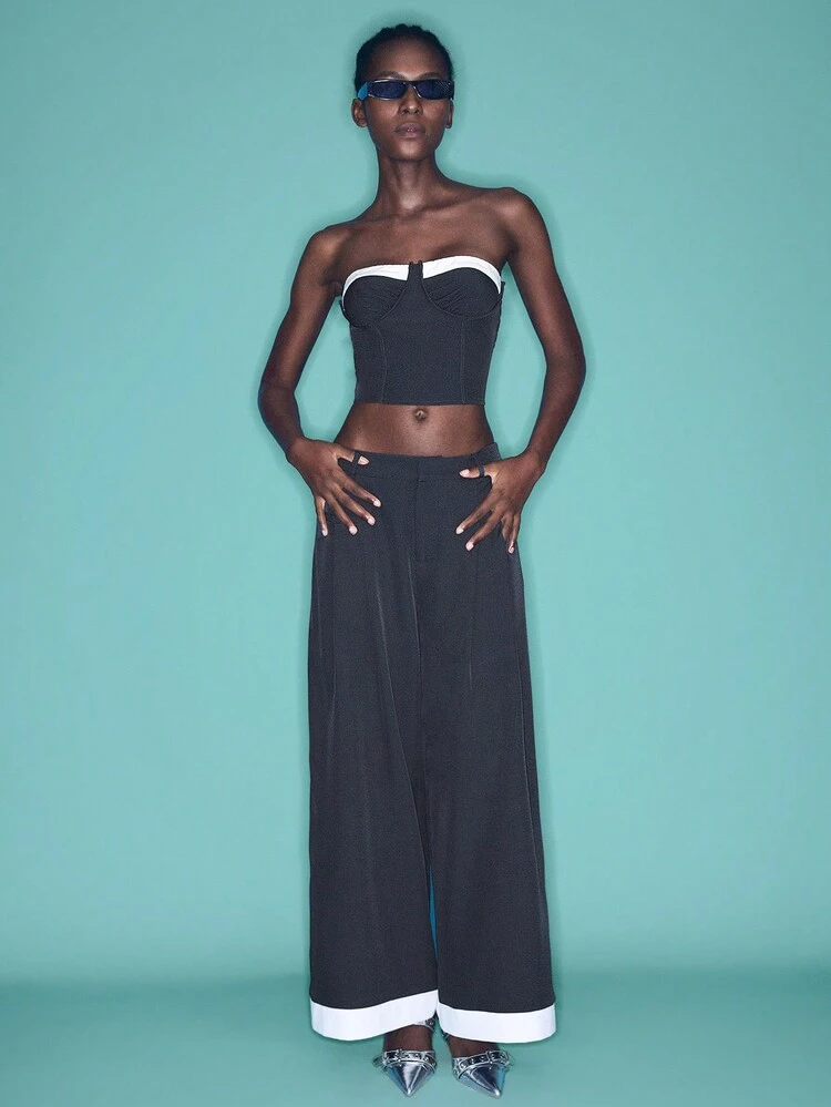 SHEIN Maija Contrast Color Decorated Wide-Leg Casual Pants For Women, Grey & White