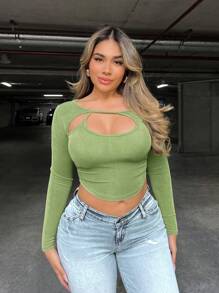 Zolique 女士春夏纯色长袖时尚短款修身毛边镂空T恤