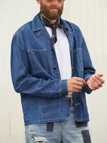 Manfinity Homme Oversized American Style Vintage Washed Indigo Blue Denim Jacket With Lapel Collar - Brown - View 4