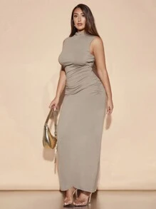SHEIN BAE 大码女士优雅约会内衣百搭百搭纯色弹力针织轻便开衫搭配高领无袖背心褶皱长裙两件套 - 卡其色 - 查看 3