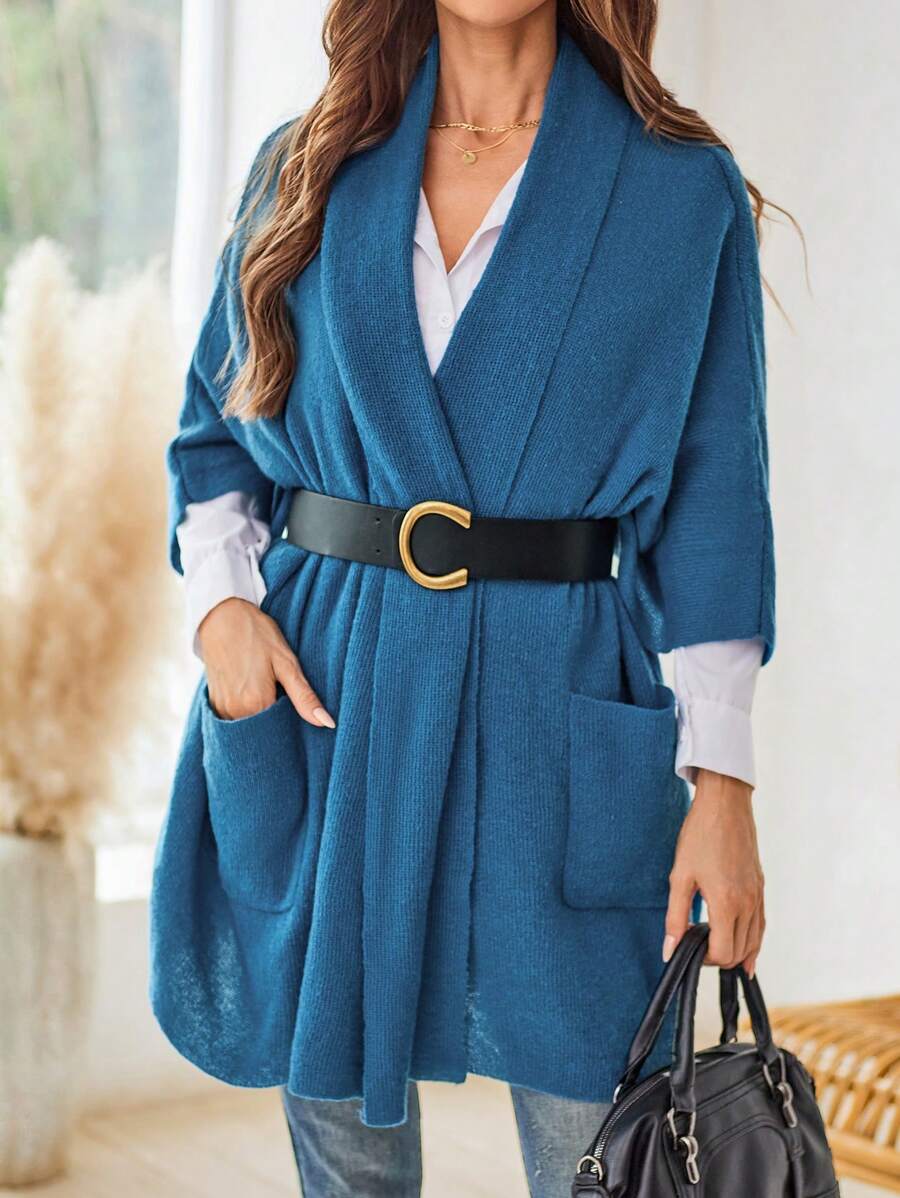 EMERY ROSE Women Spring And Autumn Casual Solid Color Batwing Sleeve Cardigan With Pockets - Blue - View 1