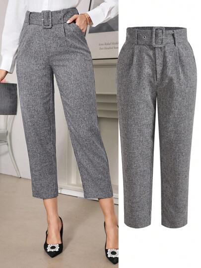 Ellevyn Pantalones elegantes para mujer - De color gris florido, largo, con cinturón de cintura ajustable, adecuados para el uso diario en la oficina o para desplazamientos