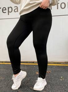 Dazy Plus 大码纯色紧身弹力打底裤，百搭修身，适合所有季节，返校季秋季必备打底裤 - 黑色 - 查看 4