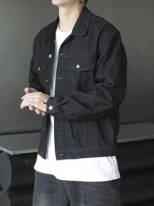 Manfinity LEGND 男士春秋休闲纯色牛仔夹克 - 黑色 - 查看 3