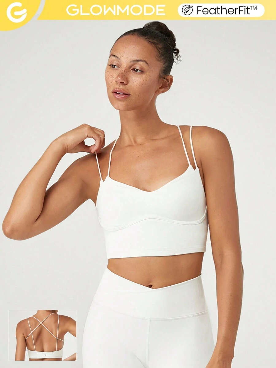 GLOWMODE FeatherFit™ 交叉背心领超薄肩带文胸，带可拆卸无缝罩杯，低冲击瑜伽日常 - 白色 - 查看 1