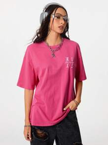 SHEIN EZwear Women's Casual Basic Washed Embroidered All-Match Pink T-Shirt - Hot Pink - View 4
