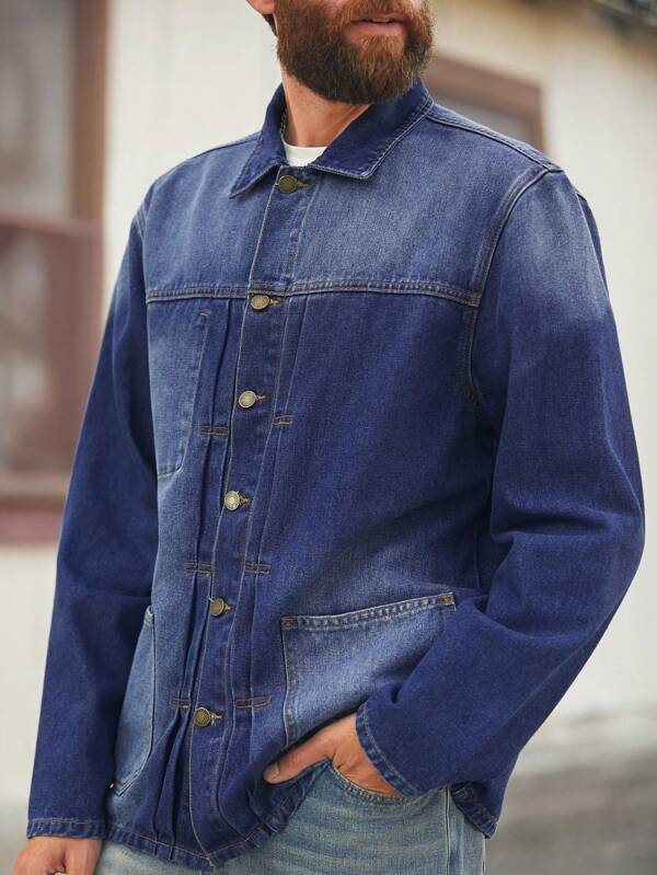 Manfinity Homme Vintage Casual Men's Mid-Wash Denim Jacket