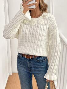 SHEIN LUNE Women Spring And Summer Casual Solid Color Sweater With Three-Dimensional Flowers, Knit Pullover Fall Winter - Beige - View 4