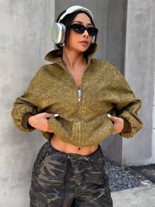 SHEIN EZwear Women's Solid Color Minimalist Daily Wear Lapel Long Sleeve PU Leather Jacket