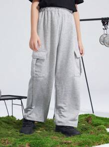 SHEIN Tween Boy Casual Korean Style Loose Knitted Jogger Pants With Utility Pockets - Grey - View 2