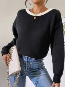 Chiquease Suéter holgado de punto suelto con detalle de lazo en cuello redondo para mujer, otoño/invierno