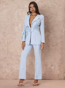 Glamine 女士纯色 3D 贴花装饰简约日常长袖夹克和裤子套装