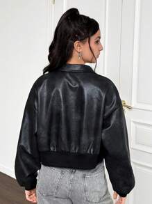 SHEIN Teenager Mädchen Jacke aus Kunstleder mit Hemdkragen, Langarm, Loose Fit und Crop Länge in Unifarbe