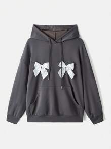 SHEIN MOD Plus Size Women's Sweatshirt With Dark Grey Bow Decoration On Front Pocket - Dark Grey - View 1