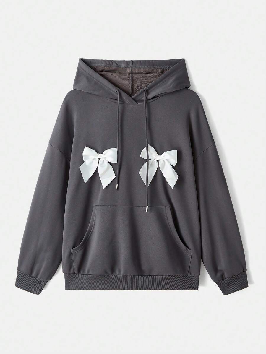SHEIN MOD Plus Size Women's Sweatshirt With Dark Grey Bow Decoration On Front Pocket - Dark Grey - View 1