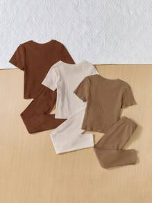 SHEIN 2 件套年轻女孩休闲圆领短袖 T 恤和紧身裤，多件 - 棕色 - 查看 2