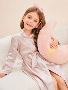 Girl Pajamas - Beige Solid Color Long Sleeve Robe Loungewear, Mommy And Me Matching Outfits (3 Pieces Sold Separately)