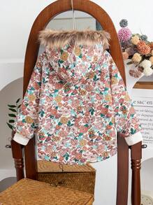 SHEIN Young Girl Floral Print Fur Collar Long Sleeve Padded Coat, Winter - Multicolor - View 2