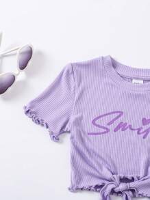 SHEIN 2pcs/Set Young Girl's Knitted Twist Knot Short Sleeve Tee And Knitted Cycling Shorts In Solid Color - Purple - View 4