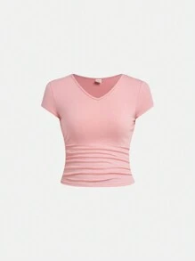 SHEIN Girlism 3 件套青少年女孩 V 领褶皱短袖纯色 T 恤