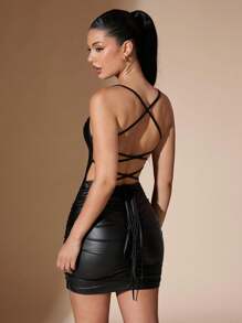 SHEIN BAE Backless Criss-Cross Pu Leather Pleated Halter Mini Dress  Sexy - Black - View 1